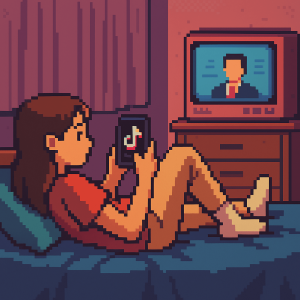 Illustrazione in pixel art 16-bit che mostra una ragazza sdraiata sul letto mentre scrolla TikTok sullo smartphone, con una TV accesa sullo sfondo. L’ambiente è una stanza calda e accogliente in stile retrò, tipico degli anni ’90, con colori rosa e viola.