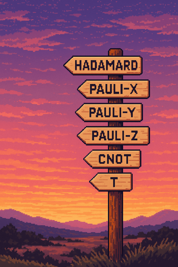 Cartello in pixel art con nomi di porte logiche quantistiche su sfondo di paesaggio rosa al tramonto