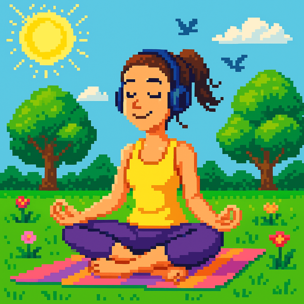 Ragazza felice con capelli legati pratica yoga all’aperto su un telo in un parco soleggiato con fiori, alberi, uccellini e cuffie over-ear – illustrazione pixel art 16-bit
