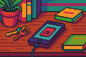 Illustrazione pixel art widescreen in stile 16-bit che rappresenta uno smartphone con batteria scarica in fase di ricarica, appoggiato su un mobile di casa pieno di oggetti colorati. La scena simboleggia il ruolo delle batterie al sodio nel futuro dell’accumulo energetico quotidiano.