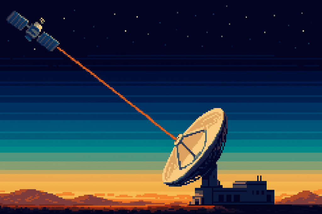 Illustrazione in pixel art di power beaming: laser da satellite a parabola terrestre attraverso l’atmosfera terrestre