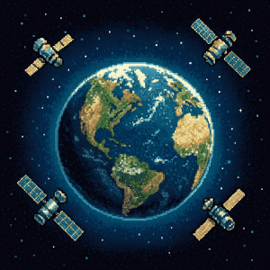 Illustrazione pixel art per satellite cinese con laser in stile 16-bit che mostra la Terra vista con effetto fisheye, circondata da quattro satelliti in orbita nello spazio.
