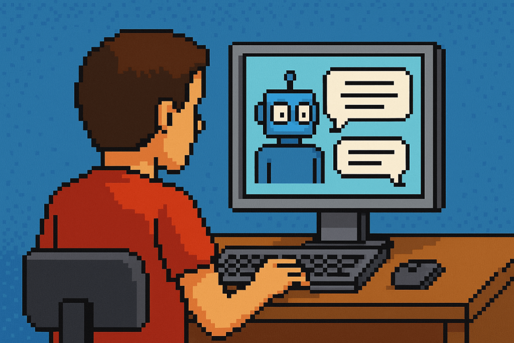 Persona al computer che utilizza uno chatbot Grok 4, stile pixel art 16 bit