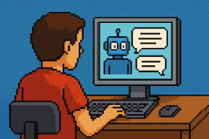 Persona al computer che utilizza uno chatbot Grok 4, stile pixel art 16 bit