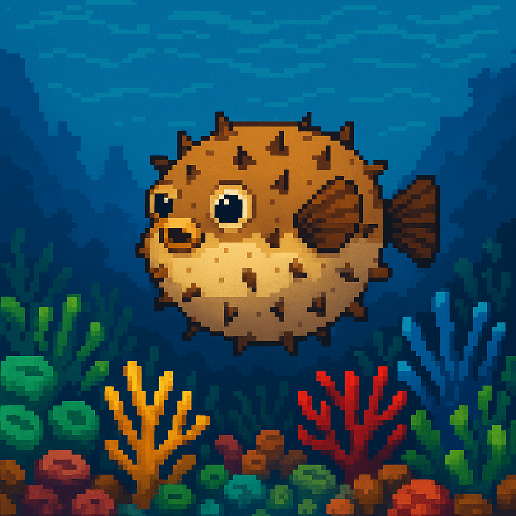 Immagine in stile 16 bit di un pesce palla che nuota tra coralli colorati nella barriera corallina.