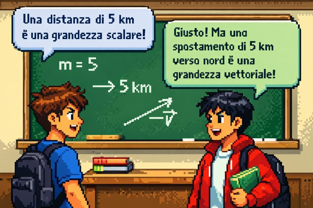 Illustrazione 16 bit di due studenti che discutono la differenza tra grandezze scalari e vettoriali davanti a una lavagna con vettori disegnati.