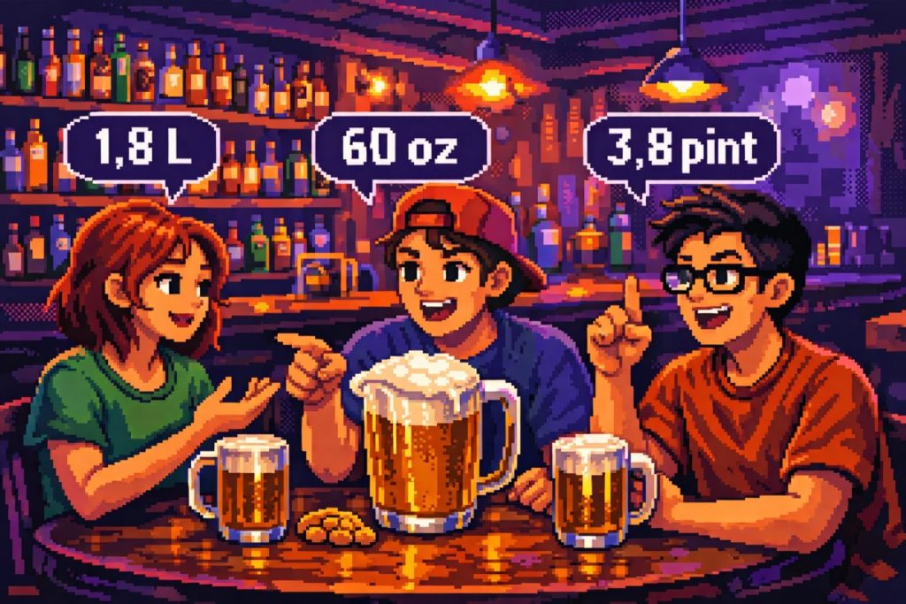 Illustrazione pixel art 16 bit di tre amici al pub che discutono della quantità di birra in una caraffa usando diverse unità di misura, in un locale con luci soffuse viola e blu e bancone con bottiglie sullo sfondo.